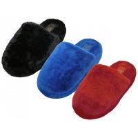 S831L-D - Wholesale Women's "EasyUSA" Fuzzy Plush Close Toe & Open Back House Slippers ( Asst. Black, Red And Royal Blue )